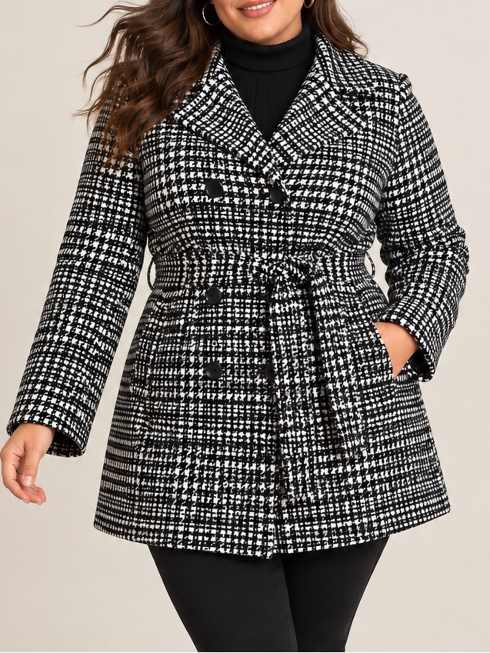 Sebby Houndstooth Belted Double Breasted Peacoat Black White Plus Size 2X